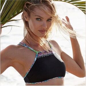 Victoria’s Secret High Neck Black Bikini Top Floral Trim Sequins L